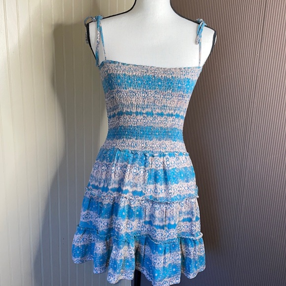 Storia romper blue and tan striped floral shorts medium spaghetti strap ties